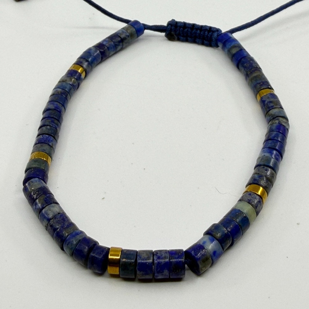 Lapis Lazuli Disk Bead Bracelet with Gold Accents - Stackable Boho Gift